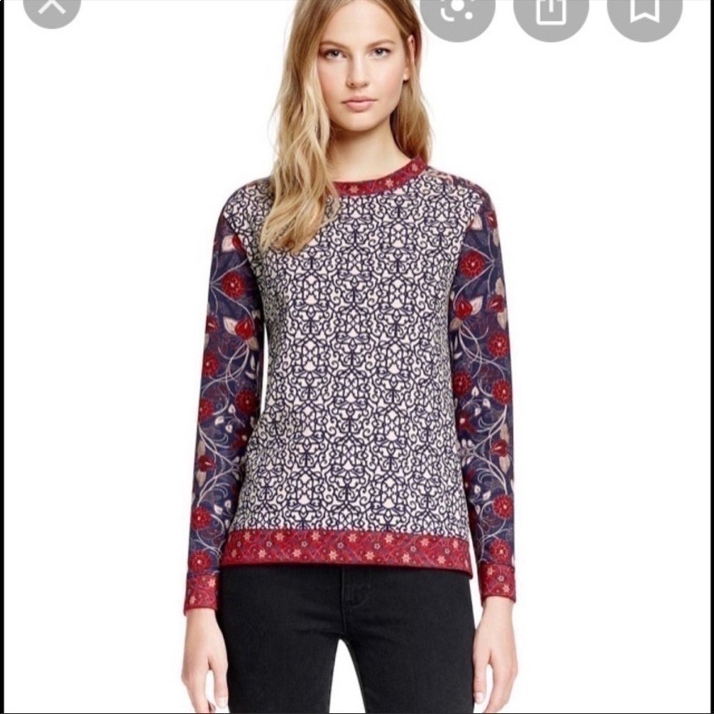 Tory Burch Navy, White & Red Printed Long Sleeve Top